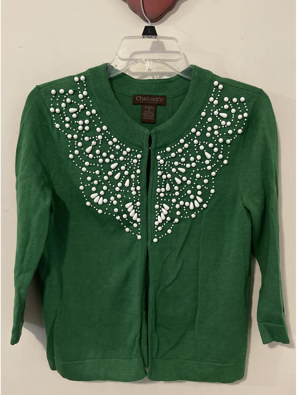 Chadwicks Womens Small Green Beaded Button-Up Cardigan! A103